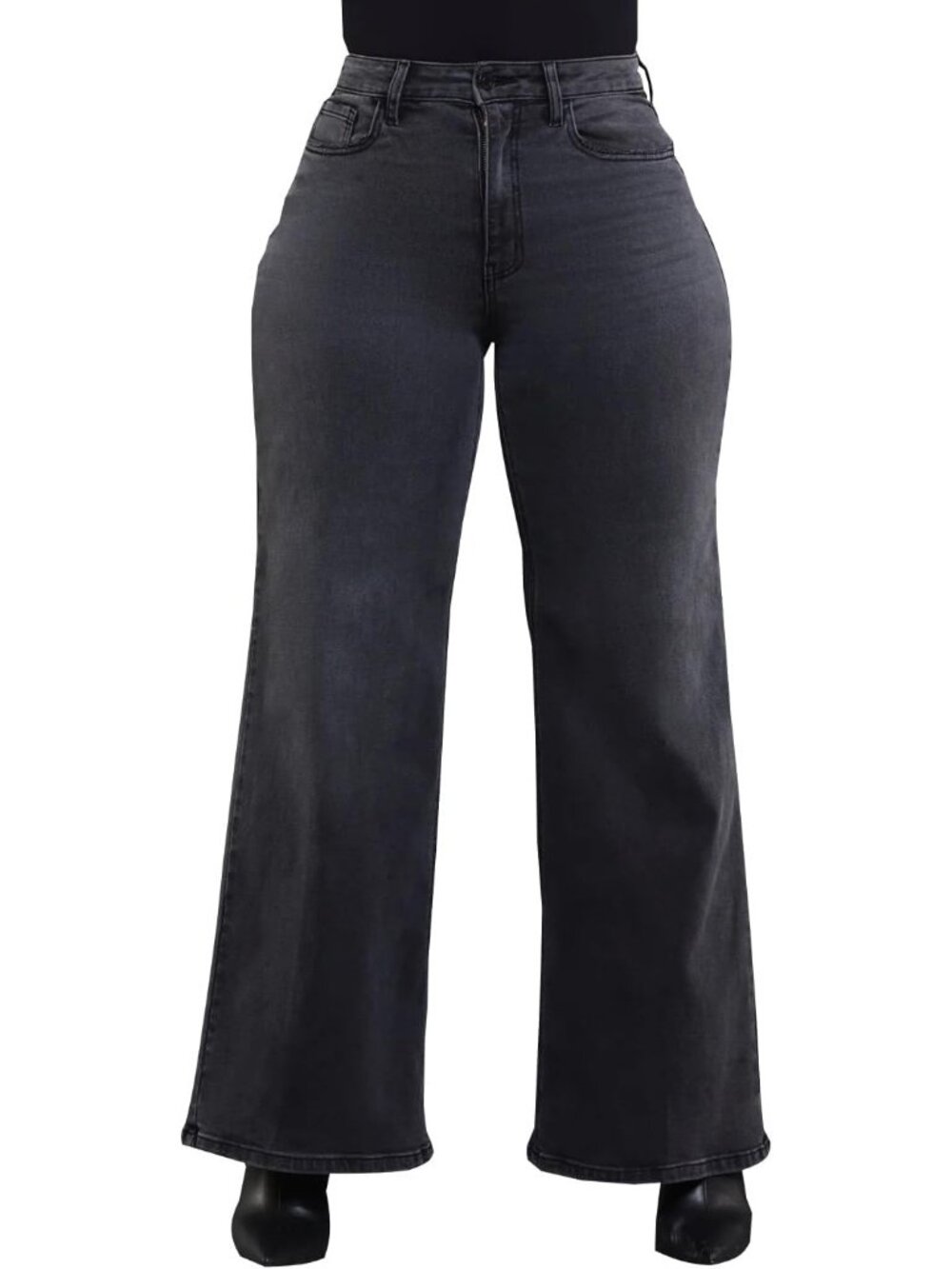 Women's Dark Grey Denim High Waist Y2k Wide Leg Button Running Straight Jeans